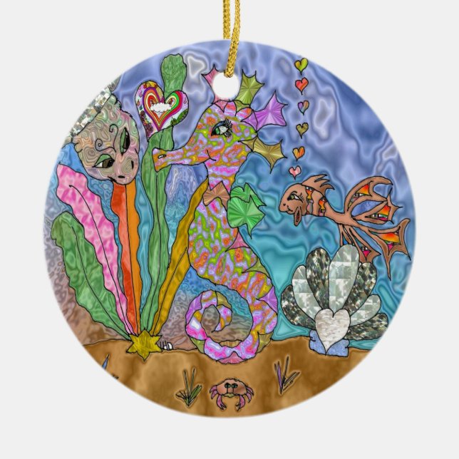 Psychedelisches Seepferd Meeresschildkröte Art Keramik Ornament (Vorne)