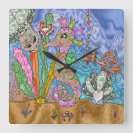 Psychedelisches Seepferd Meeresschildkröte Art Quadratische Wanduhr
