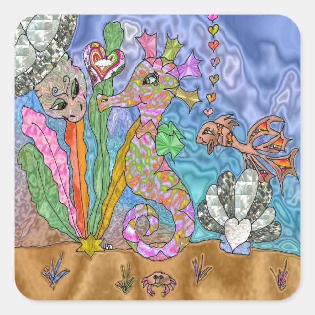 Psychedelisches Seepferd Meeresschildkröte Art Quadratischer Aufkleber (Vorderseite)