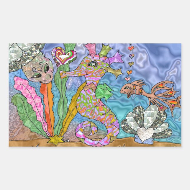 Psychedelisches Seepferd Meeresschildkröte Art Rechteckiger Aufkleber (Vorderseite)