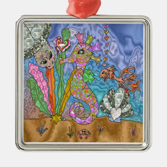 Psychedelisches Seepferd Meeresschildkröte Art Silbernes Ornament (Vorne)