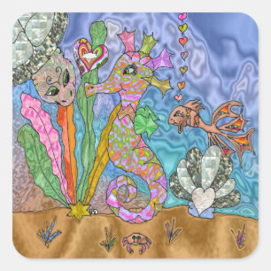 Psychedelisches-Seepferdchen-Wasserschildkröten-Ku Quadratischer Aufkleber