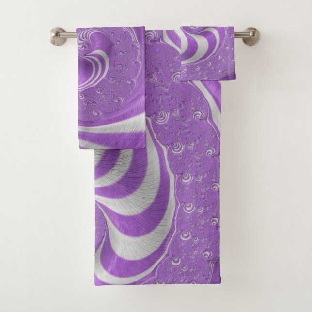 Psychedelisches Violett Weißes Fraktal Strickspira Badhandtuch Set (Insitu)