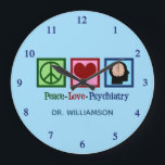 Psychiatrische Liebe Psychiatrie Große Wanduhr<br><div class="desc">Friedenspsychiatrie Liebe. Ein niedliches Weihnachtsgeschenk für Psychiater mit einem Friedenszeichen,  Herz und menschlichem Gehirn. Ein hübsches Geschenk für eine psychiatrische Krankenschwester,  die in einer psychiatrischen Klinik mit Patienten für psychische Gesundheit zusammenarbeitet.</div>