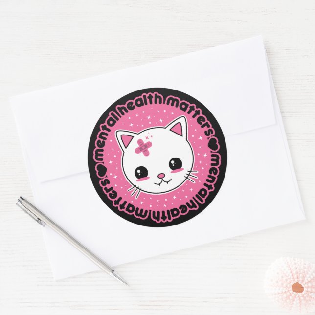 Psychische Gesundheitsfragen Kawaii Cat Runder Aufkleber (Umschlag)