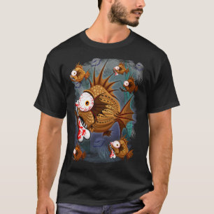 Psycho-Fisch-Piranha mit blutigem Knochen T-Shirt