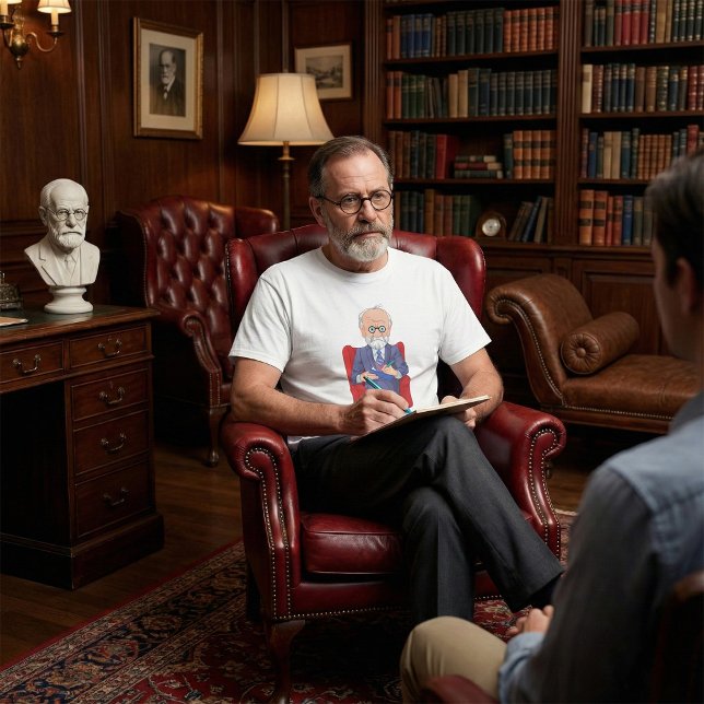 Psychologe im Anzug mit Notepad Sitzen T-Shirt (Von Creator hochgeladen)