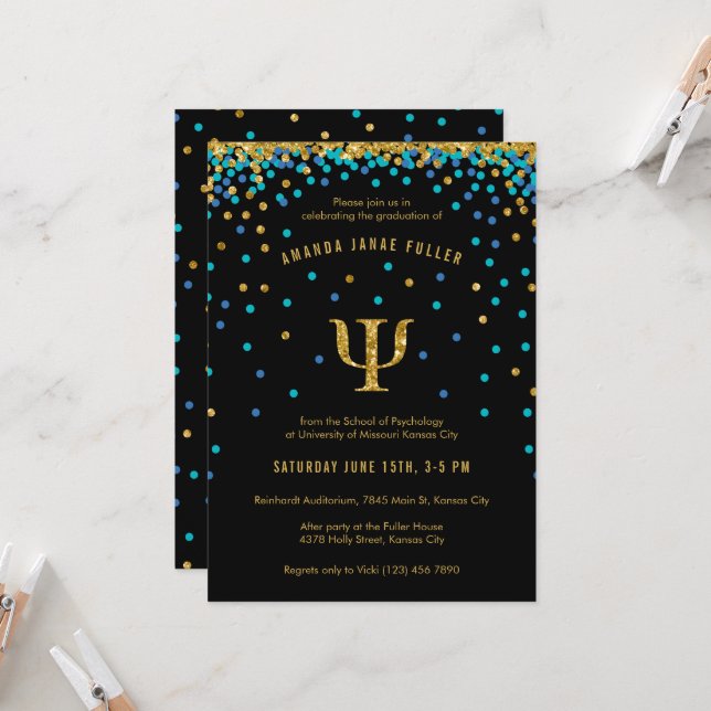Psychologie Graduation Invitation Blue & Gold Psi (Devant/Arrière en situation)