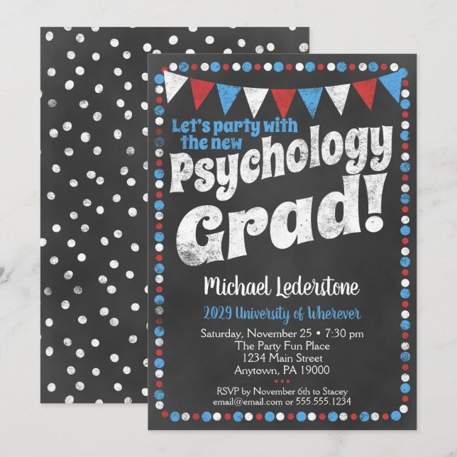 Psychologie Graduation Party Invitation Rouge Bleu (Devant / Derrière)