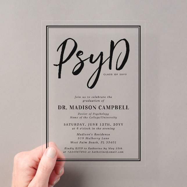 PsyD Doktor der Psychologie-Absolventin Acryleinladungen (Insitu (Handheld))