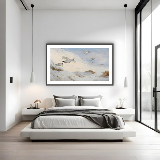 Ptarmigan stürzt im Winter ab und fliegt über den  Poster (Von Creator hochgeladen)