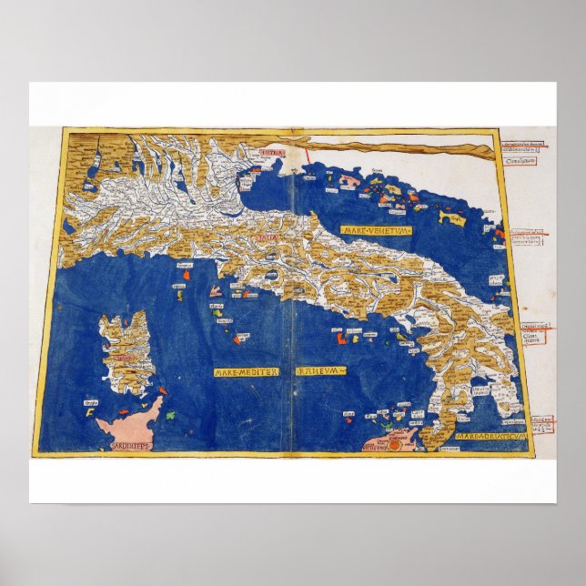 Ptolemäische Karte Italiens, 1482 (farbiges Litho) Poster (Vorne)