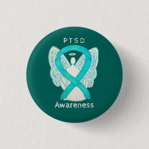 PTSD Awareness Ribbon Aquamarin Angel Custom Art B Button