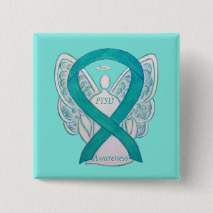 PTSD Awareness Ribbon Aquamarin Angel Custom Art B Button