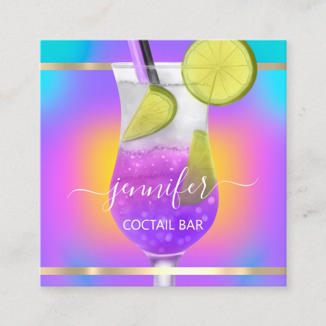 Pub Coctail Wein Bar Drink Rosa Lila holografische Quadratische Visitenkarte (Vorderseite)