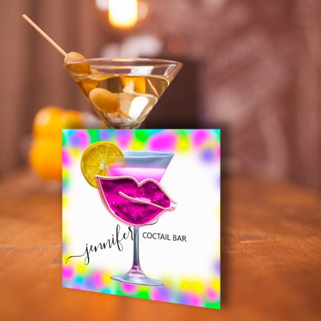 Pub Drinks Bar Restaurant Coctail Logo Pink QRCODE Quadratische Visitenkarte (Pub Drinks Bar Restaurant Coctail Logo Pink QRCODE Square Business Card)