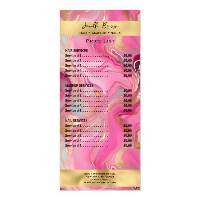 Publicitaire Carte de tarif de services Marbre Rose et Or (Devant)