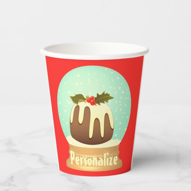 Pudding Schneeglobe Winterkuchen rot grün Pappbecher (Vorderseite)