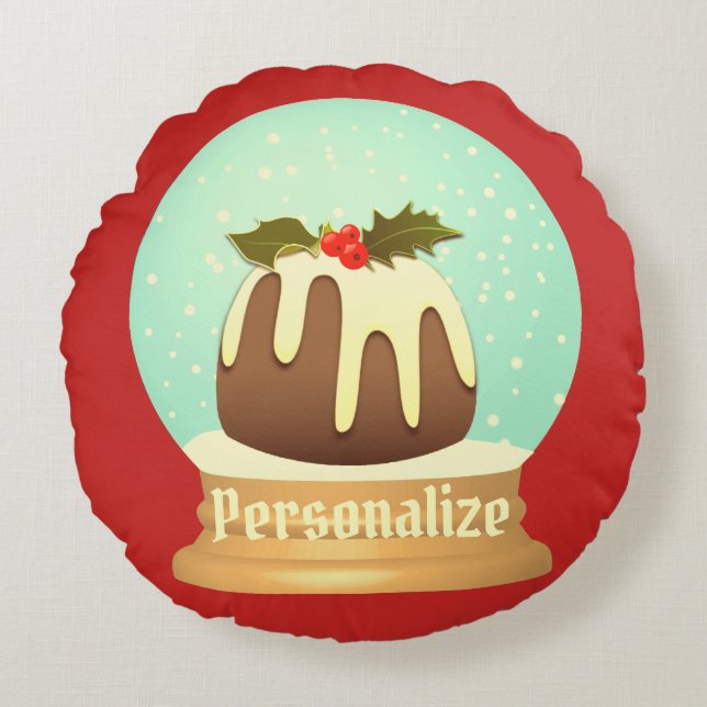 Pudding Schneeglobe Winterkuchen rot grün Rundes Kissen (Vorderseite)