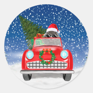 Pudel fährt Auto im Schnee Weihnachten Runder Aufkleber