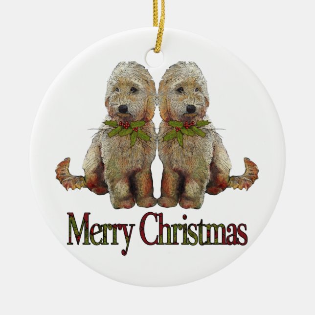 Pudel, goldenes Gekritzel-Paar-Weihnachten: Kunst Keramik Ornament (Vorne)