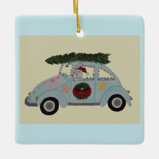 Pudel im Hippie-Auto zu Weihnachten Keramikornament