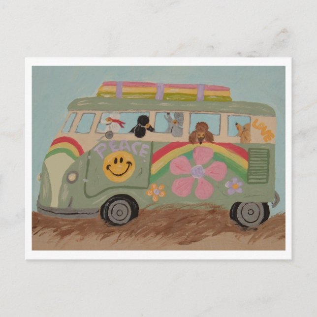 Pudel im Hippie-Van Postkarte (Vorderseite)