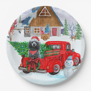 Pudel im Weihnachtslieferwagen im Schnee Pappteller