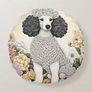 Pudel in fantastischen Blumen Rundes Kissen