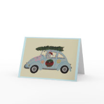 Pudel in Hippie-Auto zu Weihnachten