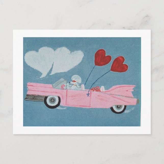 Pudel in rosa Cabrio Postkarte (Vorderseite)