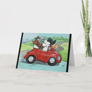 Pudel in rotem Vintage-Cabrio Karte