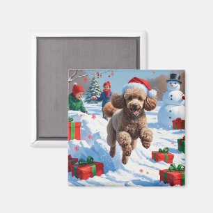 Pudel läuft im Schnee mit Weihnachtsmütze Magnet