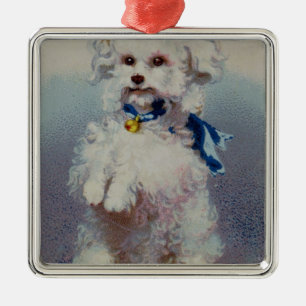 Pudel mit blauem Band Silbernes Ornament