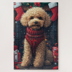 Pudel mit Weihnachtsgeschenken am Kamin