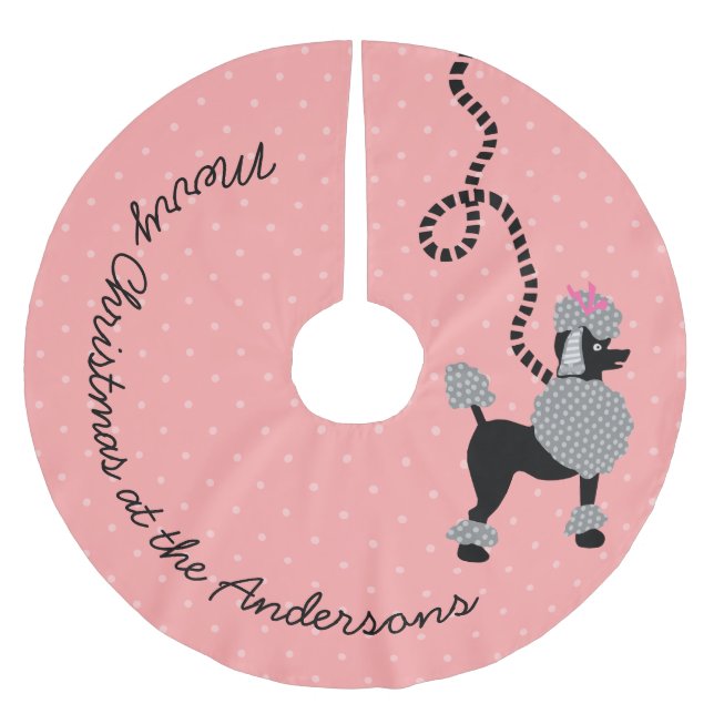 Pudel-Rock-HundeRetro rosa 50er moderne Punkte Polyester Weihnachtsbaumdecke (Vorderseite)