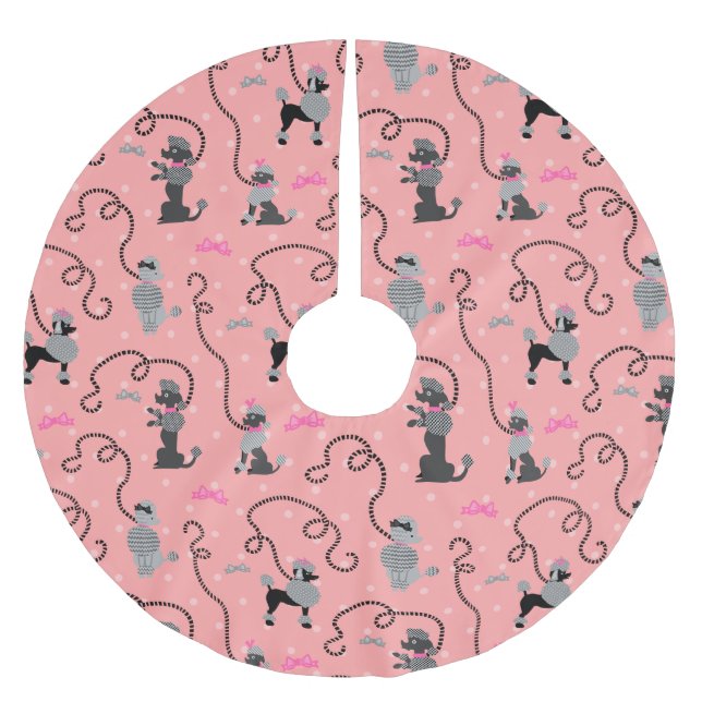 Pudel-Rock-Retro rosa und schwarzes 50er Muster Polyester Weihnachtsbaumdecke (Vorderseite)