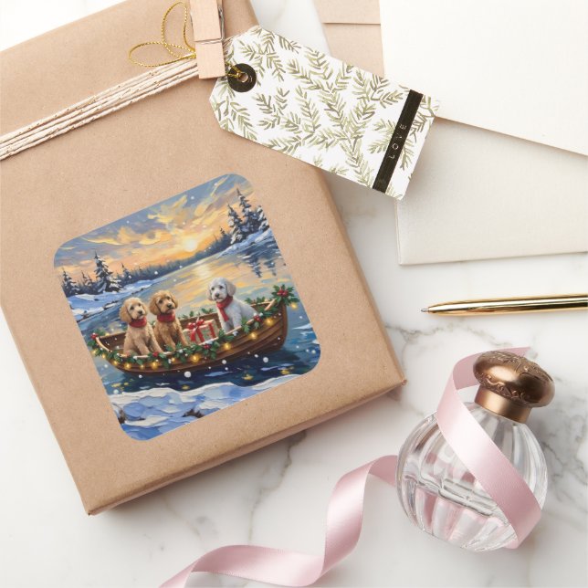 Pudel-Weihnachtsboot-Feier Quadratischer Aufkleber (Schenken)