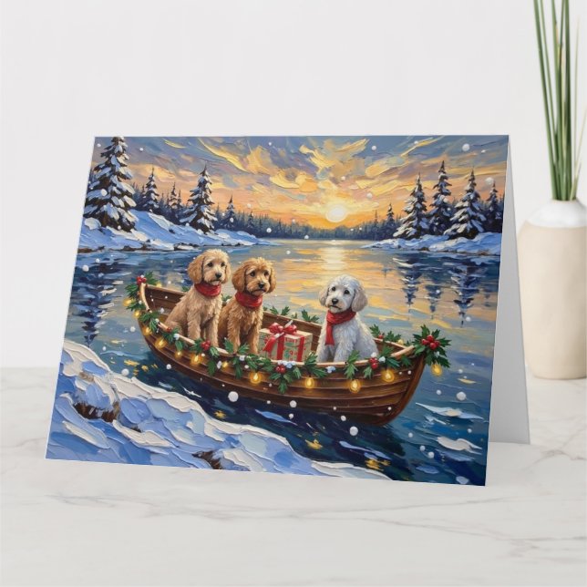 Pudel-Weihnachtsboot-Feiertag Karte (Vorderseite)