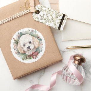 Pudel-Weihnachtskranz Festlicher Hund Runder Aufkleber