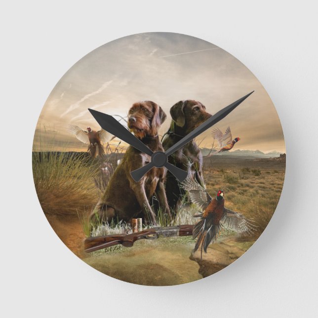 Pudelzeigen, Jagdfasan Runde Wanduhr (Vorderseite)