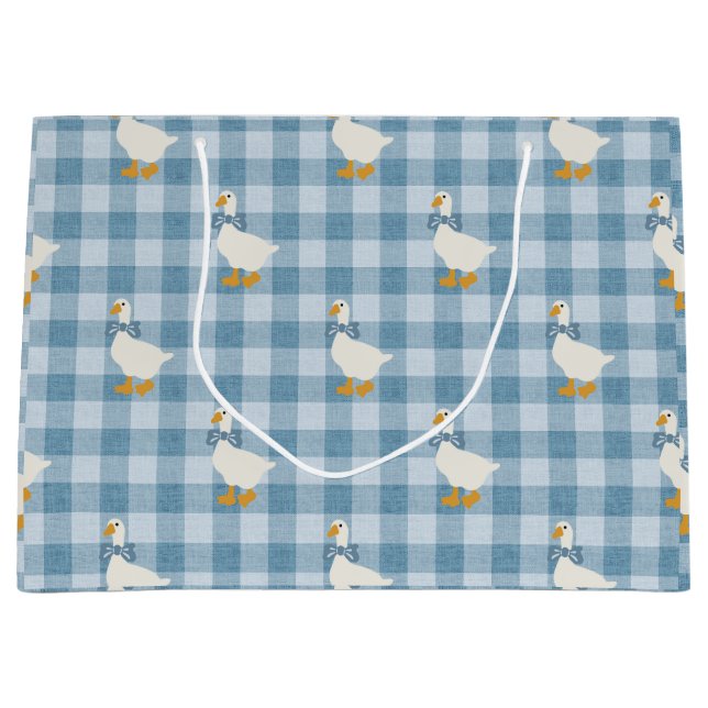 Puderblaue Gingham-Gans-Leinenstruktur Große Geschenktüte (Vorderseite)
