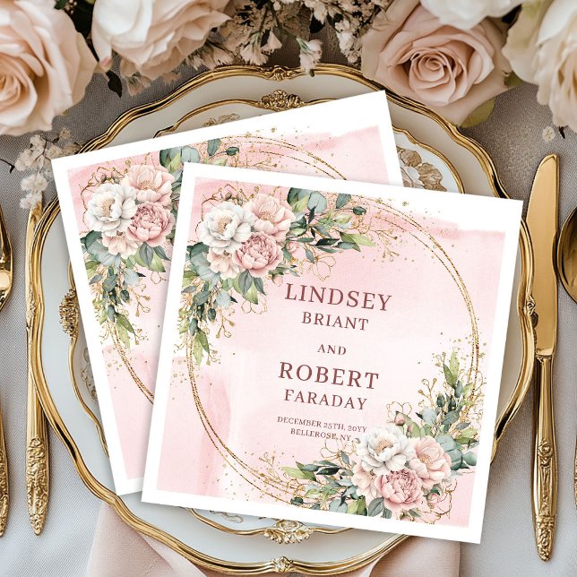 Puderrosa Blumen Grün mit Goldglitter  Serviette (Powder Pink Flowers Greenery with Gold Glitter Napkins)