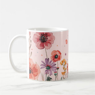 Puderrosa Hintergrund mit Mohn & Wildblumen Kaffeetasse