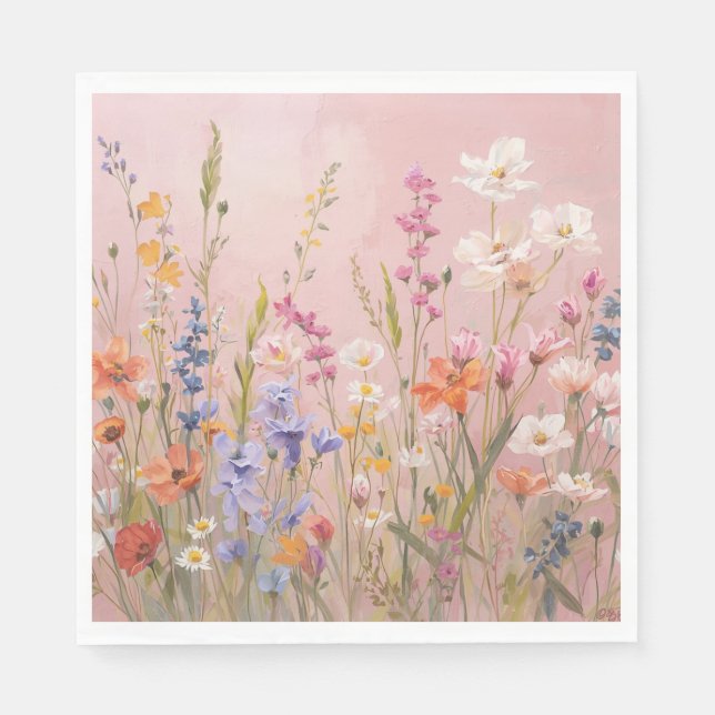 Puderrosa Hintergrund mit wilden Blumen Serviette (Vorderseite)