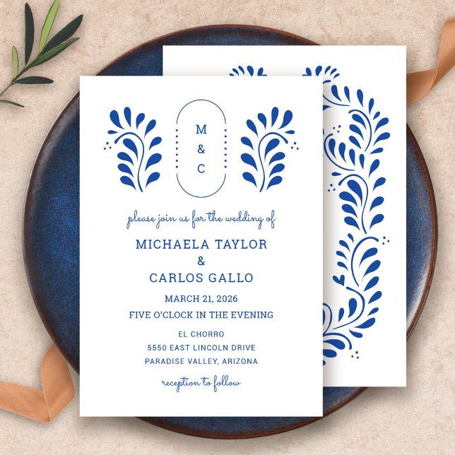 Puebla Style Blue Mexican Wedding Einladung (Puebla Style Blue Mexican Wedding Invitation by Fiesta Valley Print)