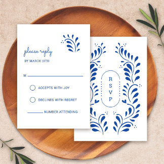 Puebla Style Blue Mexican Wedding RSVP Card Karte