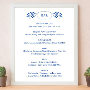 Puebla Style Blue Wedding Bar Menu Sign Poster