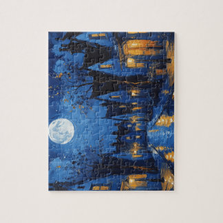 Pueblo de noche con luces y faroles