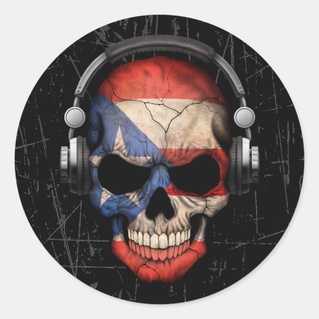 Puerto Rico Dj Skull mit Kopfhörern Runder Aufkleber (Vorderseite)
